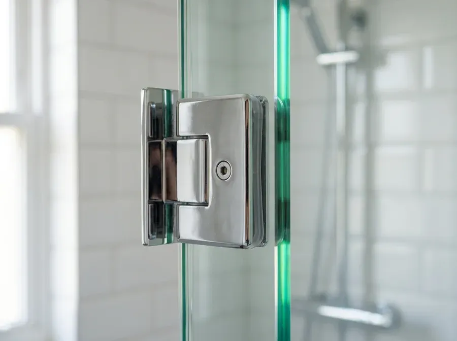 Polished chrome hinge fitted to the edge of a frameless shower screen glass panel
