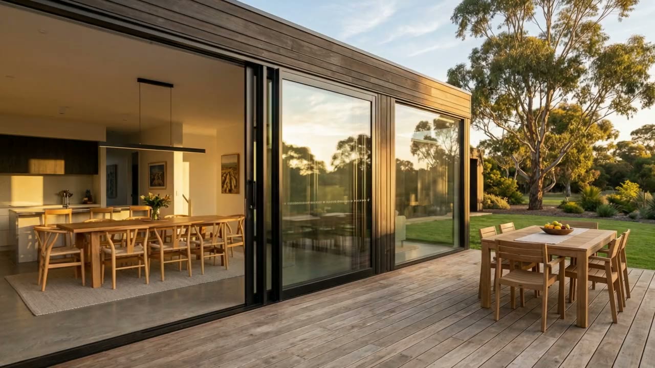 Black aluminium sliding stacker doors open onto a timber deck at golden hour, with a dining table inside and gum trees behind the house
